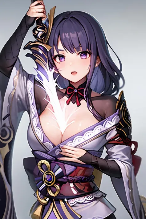 masterpiece, best quality, <lora:raiden:1>,1girl, breasts, raiden shogun, solo, cleavage, japanese clothes, weapon, mole under eye, purple hair, purple eyes, human scabbard, large breasts, sword, mole, looking at viewer, kimono, long hair, musou isshin (genshin impact), holding, hair ornament, holding weapon, bangs, sash, obi, holding sword, electricity, purple nails, shoulder armor, braid, ribbon, armor, tomoe (symbol), flower, purple flower, upper body, obiage, bridal gauntlets, purple kimono, tassel, mitsudomoe (shape), obijime, parted lips, drawing sword, wide sleeves, long sleeves, open mouth, simple background, braided ponytail, vision (genshin impact)