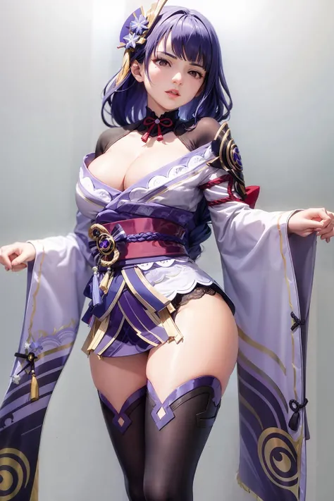 masterpiece, best quality, <lora:raiden:1>,,1girl,raiden shogun, purple hair, long hair,braid,hair ornament,purple eyes,mole, cleavage,shoulder armor, kimono,long sleeves,wide sleeves,sash,obi,tassel,tomoe \(symbol\),vision \(genshin impact\),purple thighhighs,obijime, obiage,grey background, thighs,kbxll