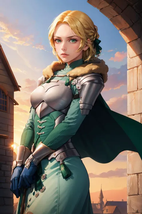 masterpiece, best quality, <lora:ingrid-nvwls-v2-000009:0.9> waringrid, short hair, hair ribbons,, shoulder armor, armor, breastplate, underbust, green coat, fur trim, vambraces, blue gloves, green cape, cowboy shot, furrowed brow, serious, sunset, village, looking at viewer