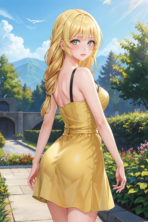 masterpiece, best quality, <lora:yskarja-nvwls-v1-000009:0.9> ysKarja, green eyes, side ponytail, large breasts, (yellow sundress:1.3), garden, from behind, mountains, smile
