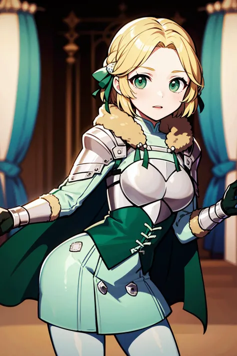 masterpiece, best quality, 8K RAW photo, film grain, artistic, <lora:ingrid-nvwls-v2:.9> warIngrid, short hair, hair ribbons, shoulder armor, armor, breastplate, underbust, green coat, fur trim, vambraces, blue gloves, green cape, green skirt, white pants,,