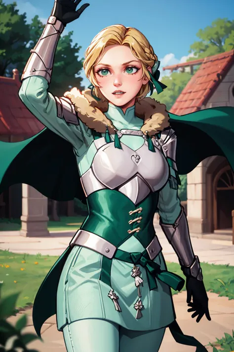 masterpiece, best quality, 8K RAW photo, film grain, glamour,  <lora:ingrid-nvwls-v2:.9> warIngrid, short hair, hair ribbons, shoulder armor, armor, breastplate, underbust, green coat, fur trim, vambraces, blue gloves, green cape, green skirt, white pants,,