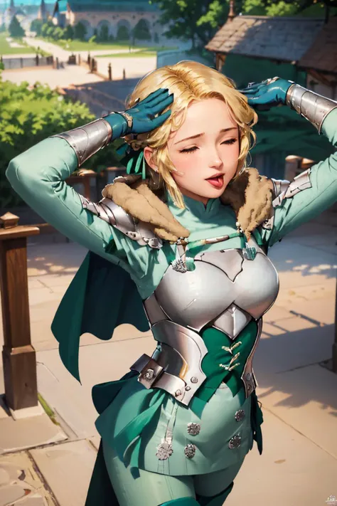 (masterpiece, best quality:1.2), solo, 1girl, warIngrid, ahetobleh, from above, hands on own head, closed eyes, tongue, short hair, hair ribbons, shoulder armor, armor, breastplate, underbust, green coat, fur trim, vambraces, blue gloves, green cape, green skirt, white pants <lora:ingrid-nvwls-v2:1> <lora:ahetobleh-nvwls-v2:0.8>