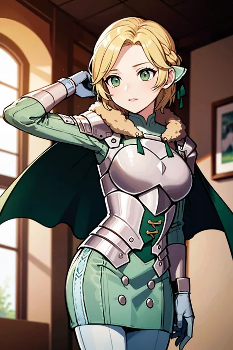masterpiece, best quality, 8K RAW photo, film grain, waist-up, <lora:ingrid-nvwls-v2:.9> warIngrid, short hair, hair ribbons, shoulder armor, armor, breastplate, underbust, green coat, fur trim, vambraces, blue gloves, green cape, green skirt, white pants,,