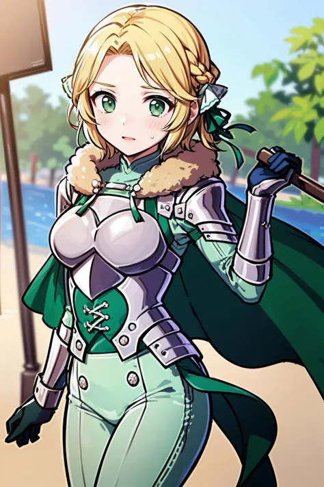 masterpiece, best quality, 8K RAW photo, film grain, swimwear, <lora:ingrid-nvwls-v2:.9> warIngrid, short hair, hair ribbons, shoulder armor, armor, breastplate, underbust, green coat, fur trim, vambraces, blue gloves, green cape, green skirt, white pants,,