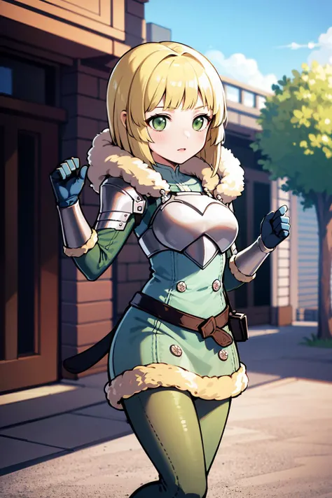 masterpiece, best quality, 8K RAW photo, film grain, fitness, <lora:ingrid-nvwls-v2:.9> hopesIngrid, medium hair, bob cut, bangs, shoulder armor, breastplate, green coat, fur trim, gauntlets, blue gloves, belt, green skirt, brown pants,,