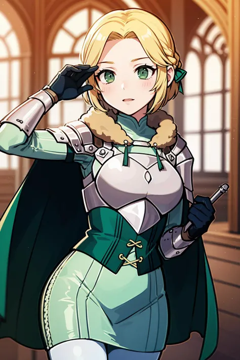 masterpiece, best quality, 8K RAW photo, film grain, editorial, <lora:ingrid-nvwls-v2:.9> warIngrid, short hair, hair ribbons, shoulder armor, armor, breastplate, underbust, green coat, fur trim, vambraces, blue gloves, green cape, green skirt, white pants,,