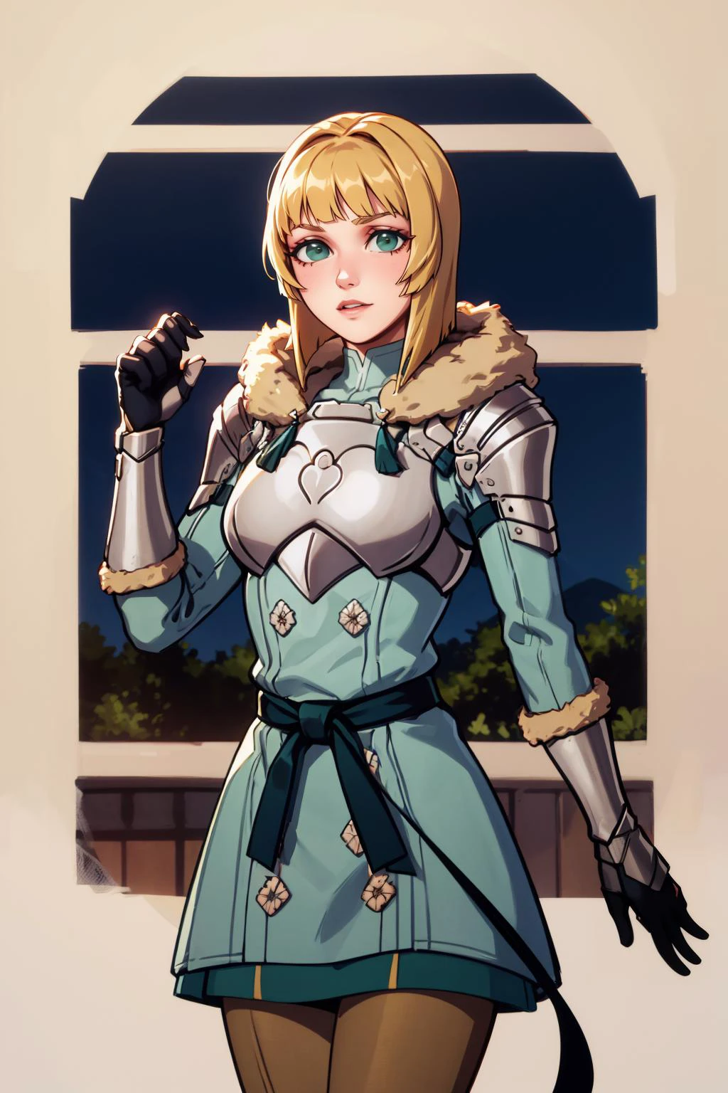 masterpiece, best quality, 8K RAW photo, film grain, waist-up, <lora:ingrid-nvwls-v2:.9> hopesIngrid, medium hair, bob cut, bangs, shoulder armor, breastplate, green coat, fur trim, gauntlets, blue gloves, belt, green skirt, brown pants,,