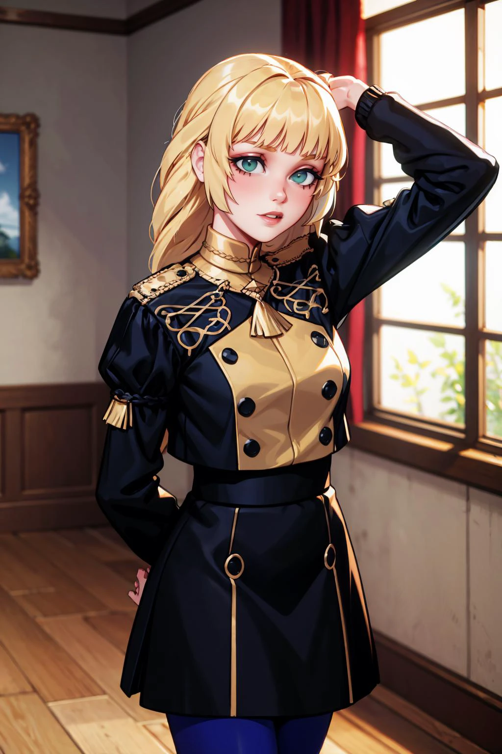 masterpiece, best quality, 8K RAW photo, film grain, artistic, <lora:ingrid-nvwls-v2:.9> defIngrid, bangs, braided ponytail, black jacket, black skirt, blue pantyhose,,