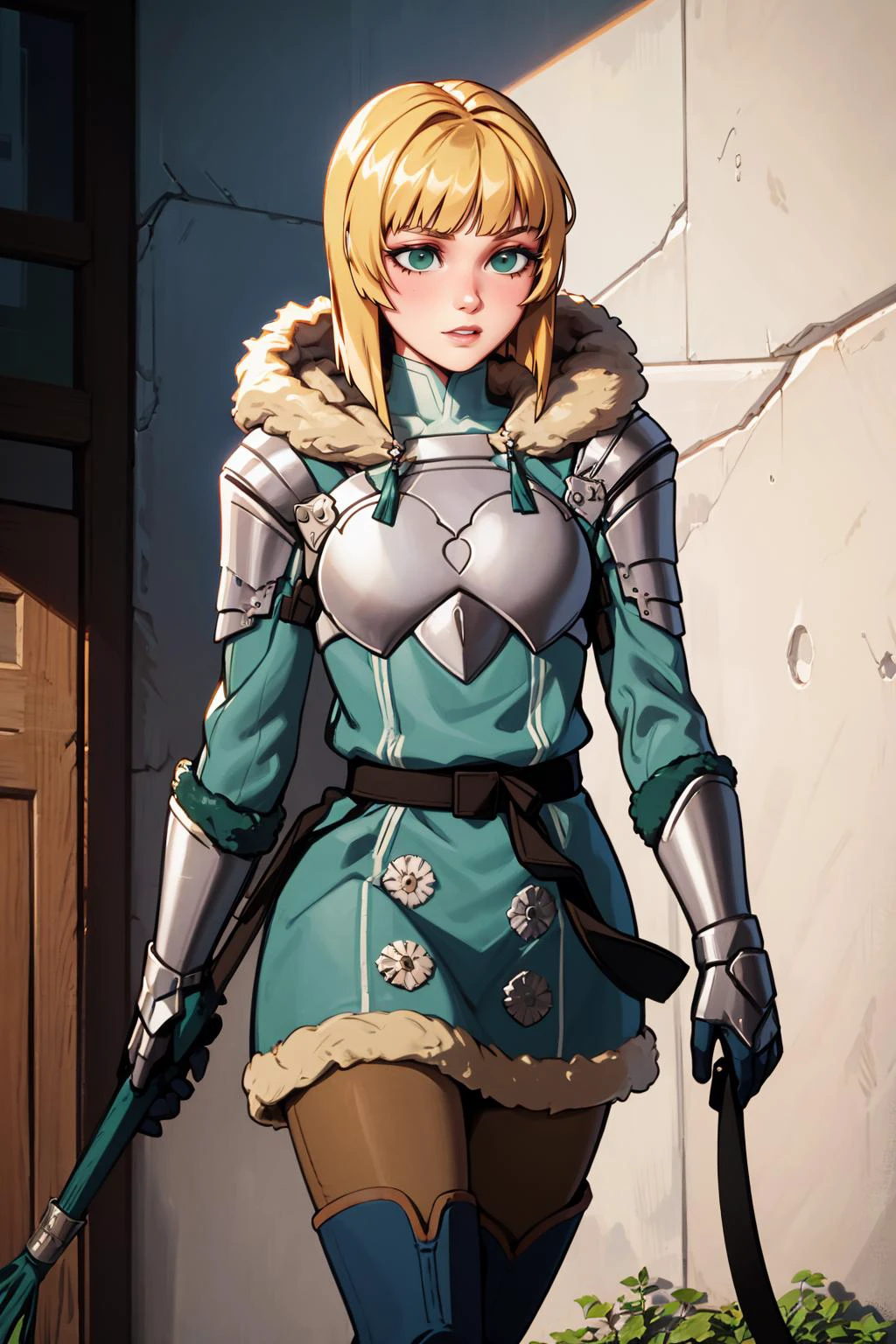 masterpiece, best quality, 8K RAW photo, film grain, performance, <lora:ingrid-nvwls-v2:.9> hopesIngrid, medium hair, bob cut, bangs, shoulder armor, breastplate, green coat, fur trim, gauntlets, blue gloves, belt, green skirt, brown pants,,