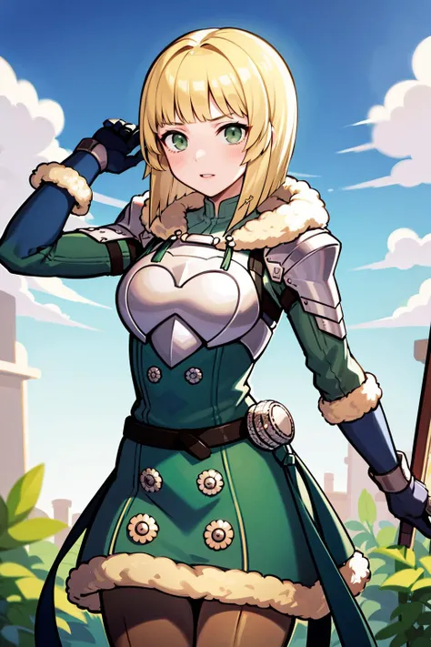 masterpiece, best quality, 8K RAW photo, film grain, pinup, <lora:ingrid-nvwls-v2:.9> hopesIngrid, medium hair, bob cut, bangs, shoulder armor, breastplate, green coat, fur trim, gauntlets, blue gloves, belt, green skirt, brown pants,,
