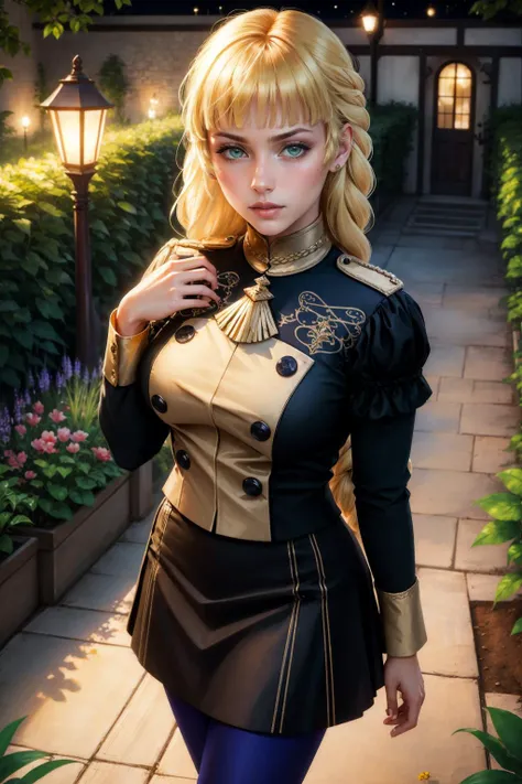 masterpiece, best quality, <lora:ingrid-nvwls-v2-000009:0.9> defingrid, bangs, braided ponytail, black jacket, black skirt, blue pantyhose, cowboy shot, serious, looking at viewer, from above, night, garden