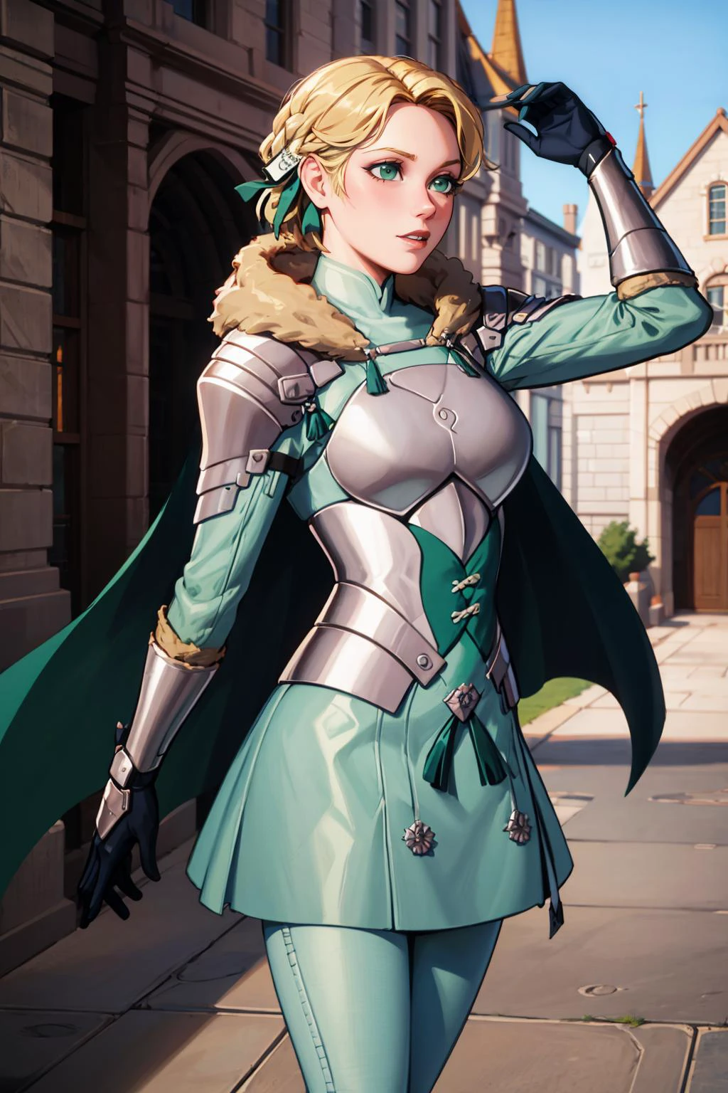 masterpiece, best quality, 8K RAW photo, film grain, commercial, <lora:ingrid-nvwls-v2:.9> warIngrid, short hair, hair ribbons, shoulder armor, armor, breastplate, underbust, green coat, fur trim, vambraces, blue gloves, green cape, green skirt, white pants,,
