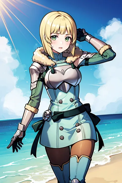 masterpiece, best quality, 8K RAW photo, film grain, swimwear, <lora:ingrid-nvwls-v2:.9> hopesIngrid, medium hair, bob cut, bangs, shoulder armor, breastplate, green coat, fur trim, gauntlets, blue gloves, belt, green skirt, brown pants,,