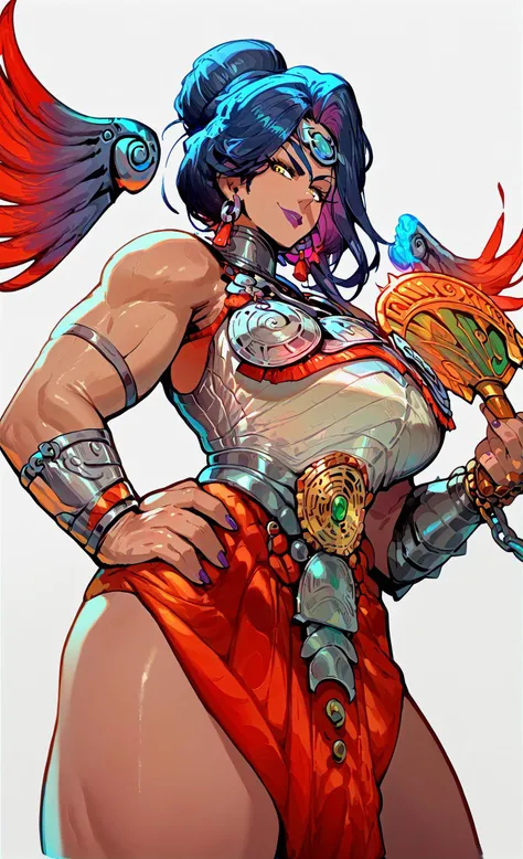 (score_9, score_8_up, score_7_up, score_6_up, source_anime), masterpiece, rating safe, sfw, (simple background, white background):3, 1girl, (foreshortening, perspective, hand on hip), BREAK <lora:nemesisPony:0.7>, NEMESISHADES, PURPLE LIPS, YELLOW EYES, NEMESISARMOR, SHOULDERWINGS, chain, sword, weapon, dark skin, hair between eyes, breastplate, hair bun, circlet, earrings, jewelry, armor, greek clothes, wings, toned BREAK smug, evil smile, (huge breasts, sexually suggestive, narrow waist, wide hips, thick thighs), <lora:ReiqLycoXL:1>, <lora:Expressive_H:0.8> expressiveh, <lora:reiq_style:0.5>, <hypernet:enormousBreasts_v10:1>