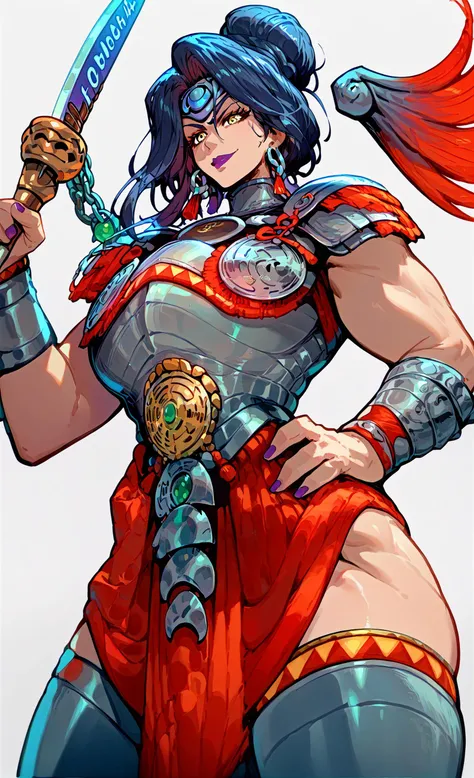 (score_9, score_8_up, score_7_up, score_6_up, source_anime), masterpiece, rating safe, sfw, (simple background, white background):3, 1girl, (foreshortening, perspective, hand on hip), BREAK <lora:nemesisPony:0.8>, NEMESISHADES, PURPLE LIPS, YELLOW EYES, NEMESISARMOR, SHOULDERWINGS, chain, sword, weapon, dark skin, hair between eyes, breastplate, hair bun, circlet, earrings, jewelry, armor, greek clothes, wings, toned BREAK smug, evil smile, (gigantic breasts, sexually suggestive, narrow waist, wide hips, thick thighs), <lora:ReiqLycoXL:1>, <lora:Expressive_H:0.8> expressiveh, <lora:reiq_style:0.4>, <hypernet:enormousBreasts_v10:1>