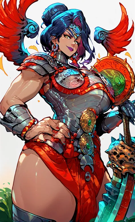 (score_9, score_8_up, score_7_up, score_6_up, source_anime), masterpiece, rating safe, sfw, (simple background, white background):3, 1girl, (foreshortening, perspective, hand on hip), BREAK <lora:nemesisPony:0.8>, NEMESISHADES, PURPLE LIPS, YELLOW EYES, NEMESISARMOR, SHOULDERWINGS, chain, sword, weapon, dark skin, hair between eyes, breastplate, hair bun, circlet, earrings, jewelry, armor, greek clothes, wings, toned BREAK smug, evil smile, (huge breasts, sexually suggestive, narrow waist, wide hips, thick thighs), <lora:ReiqLycoXL:1>, <lora:Expressive_H:0.8> expressiveh, <lora:reiq_style:0.5>, <hypernet:enormousBreasts_v10:1>