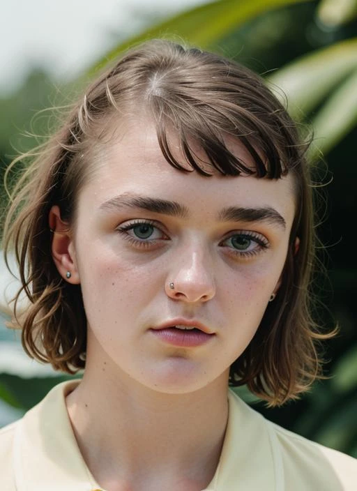 A stunning intricate color close up portrait of (sks woman:1) , wearing Polo shirt and khaki shorts, epic character composition, sharp focus, natural lighting, subsurface scattering, f2, 35mm, film grain, , by Guy Bourdin, <lora:lora-small-maisie-williams-v1:1>