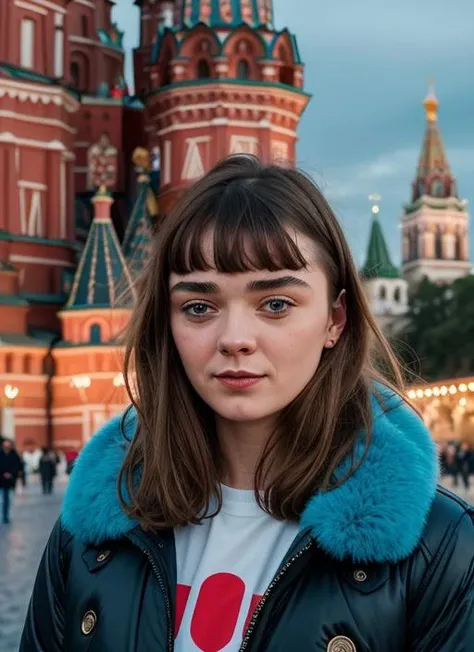 portrait of sks woman in Moscow, at the Red Square with St. Basil's Cathedral in the background, by Flora Borsi, style by Flora Borsi, bold, bright colours, ((Flora Borsi)), by David LaChapelle, <lora:lora-small-maisie-williams-v1:1>