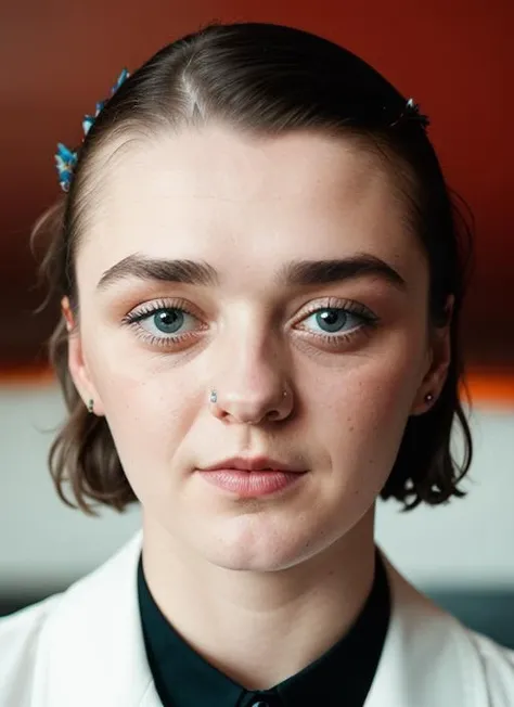 close up portrait of sks woman , by Flora Borsi, style by Flora Borsi, bold, bright colours, ((Flora Borsi)), by Gerda Taro, <lora:lora-small-maisie-williams-v1:1>