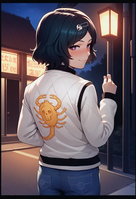 score_9, score_8_up, score_7_up, source_anime BREAK androgynous, <lora:steinsgate_urushibara_ponyXL:0.8> urushibara ruka, skull hair ornament, hairclip, smile, blush, <lora:drivejacket-outfit-richy-v1_pdxl:0.8> print jacket, white jacket, from behind, jeans, looking back, looking at viewer, dark, darkness, night, night sky