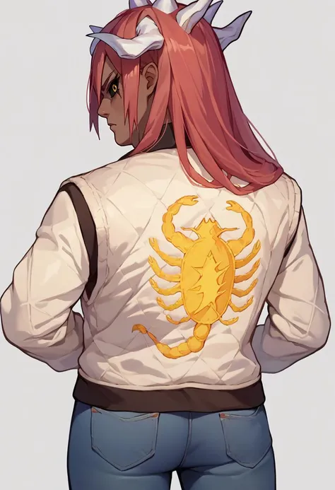 score_9, score_8_up, score_7_up, source_anime,   print jacket, white jacket, from behind, jeans,   <lora:drivejacket-outfit-richy-v1_pdxl:1>    <lora:Tayuya:1>  tayuya, red hair, long hair, yellow eyes, white horns, dark skin