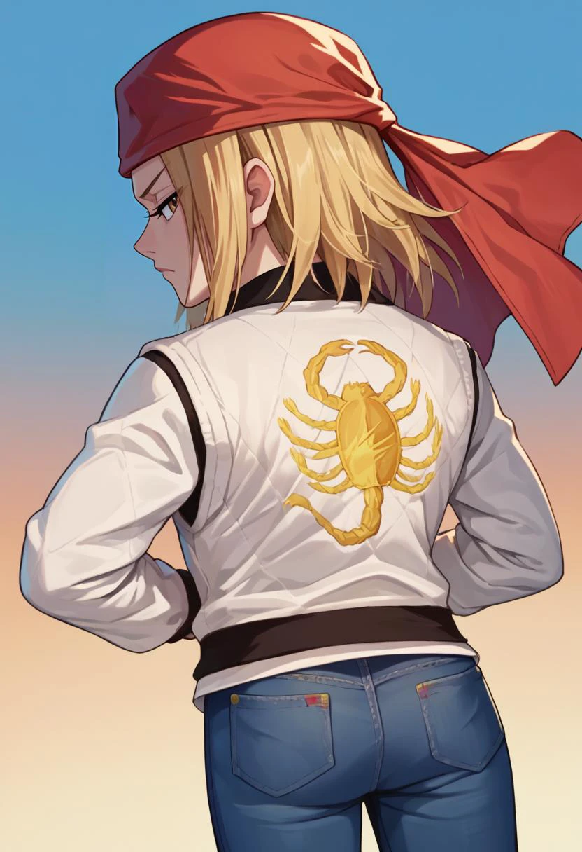 score_9, score_8_up, score_7_up, source_anime, print jacket, white jacket, from behind, jeans, <lora:drivejacket-outfit-richy-v1_pdxl:1> <lora:Anna kyouyama:1> kyouyama anna, blonde hair, short hair, brown eyes, red bandana,