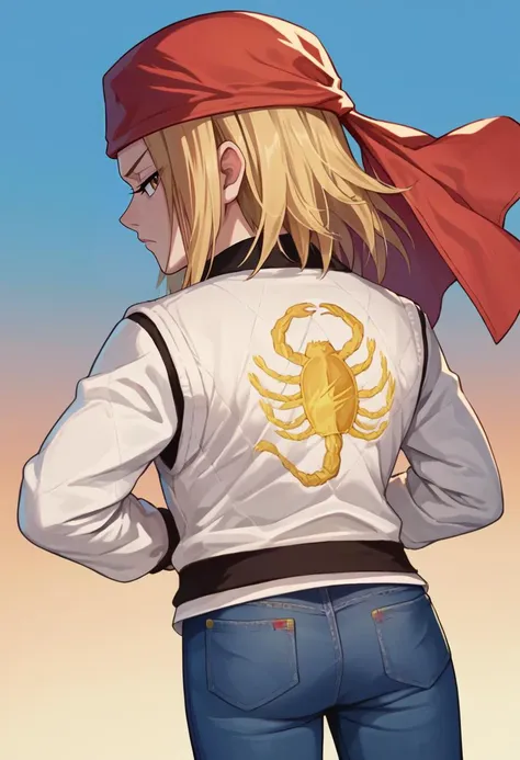 score_9, score_8_up, score_7_up, source_anime,   print jacket, white jacket, from behind, jeans,   <lora:drivejacket-outfit-richy-v1_pdxl:1>      <lora:Anna kyouyama:1> kyouyama anna, blonde hair, short hair, brown eyes, red bandana,