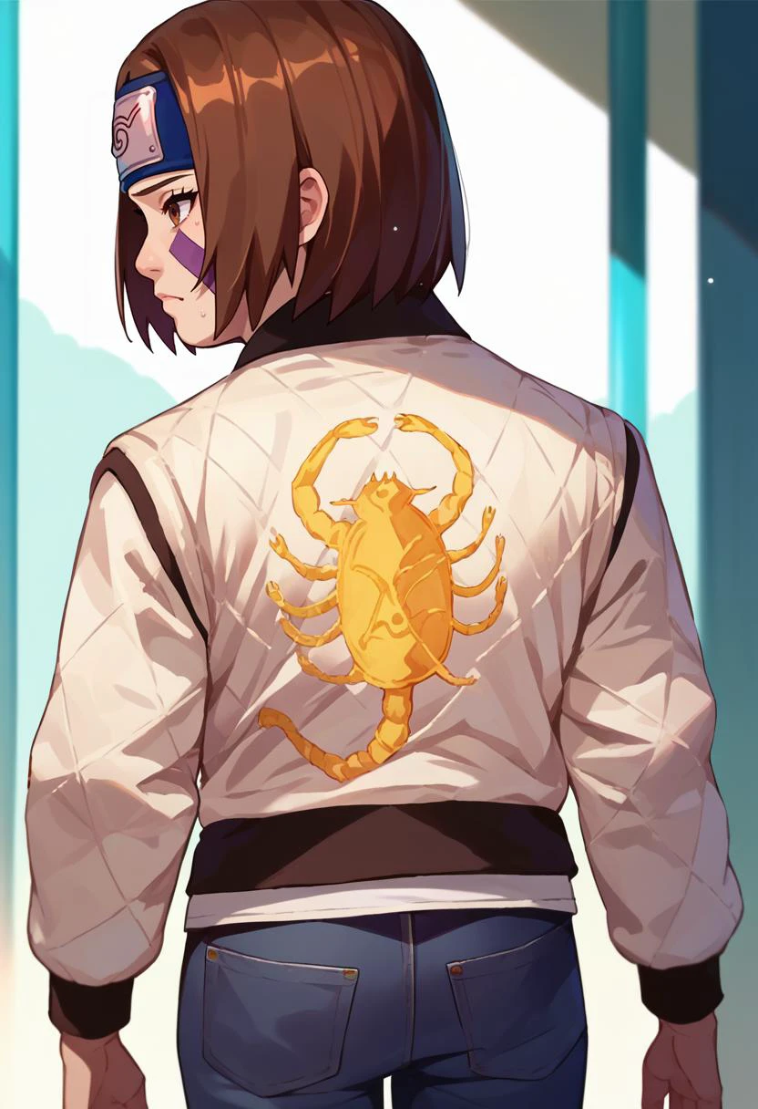 score_9, score_8_up, score_7_up, source_anime, print jacket, white jacket, from behind, jeans, <lora:drivejacket-outfit-richy-v1_pdxl:1> <lora:Nohara Rin 1 rep:1> nohara rin, short hair, brown hair, brown eyes, purple facial mark,forehead protector,