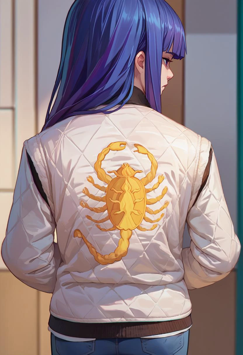 score_9, score_8_up, score_7_up, source_anime, print jacket, white jacket, from behind, jeans, <lora:drivejacket-outfit-richy-v1_pdxl:1> <lora:BernCAMENoiise:1> frederica bernkastel, long hair, blue hair, purple eyes,