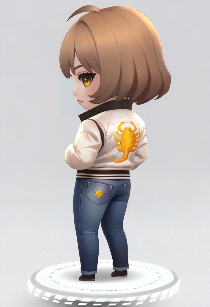 score_9, score_8_up, score_7_up, source_anime BREAK <lora:drivejacket-outfit-richy-v1_pdxl:1> print jacket, white jacket, from side, jeans, 1girl, solo, standing, <lora:anis-nikke-richy-v1_pdxl:0.8> brown hir, short hair, yellow eyes, looking at viewer, looking back, <lora:chibi-nikke-richy-v1_pdxl:0.8> chibi, full body