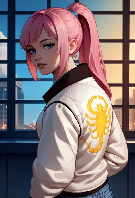 score_9, score_8_up, score_7_up, source_anime BREAK 1girl, solo,<lora:drivejacket-outfit-richy-v1_pdxl:1> print jacket, white jacket, from side, jeans, looking at viewer, parted lips, <lora:felicia-fe-richy-v1_pdxl:0.8> pink hair, blue eyes, ponytail, bangs