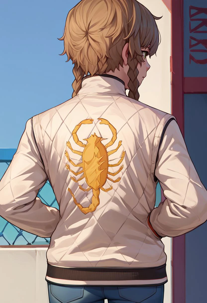 score_9, score_8_up, score_7_up, source_anime, print jacket, white jacket, from behind, jeans, <lora:drivejacket-outfit-richy-v1_pdxl:1> <lora:Amane Suzuha:1> amane suzuha, short hair, twin braids, green eyes, brown hair,
