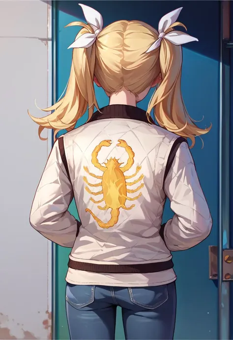 score_9, score_8_up, score_7_up, source_anime,   print jacket, white jacket, from behind, jeans,   <lora:drivejacket-outfit-richy-v1_pdxl:1>     <lora:ArimuraCAME:1> HinaSchool, blonde hair, twintails, white hair ribbon,