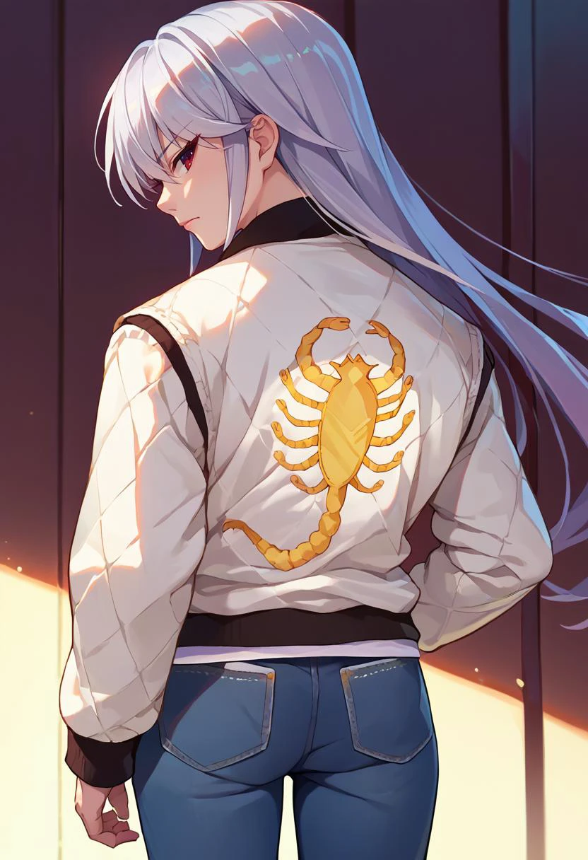 score_9, score_8_up, score_7_up, source_anime, print jacket, white jacket, from behind, jeans, <lora:drivejacket-outfit-richy-v1_pdxl:1> <lora:KazukiCAME:1> kazami kazuki, silver hair, long hair, red eyes,