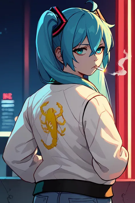 score_9, score_8_up, score_7_up, source_anime, , BREAK, <lora:drivejacket-outfit-richy-v1_pdxl:1>, 1girl, expressionless, print jacket, white jacket, from behind, jeans, <lora:miku-hatsune-ponyxl-lora-nochekaiser:1>, miku hatsune, ahoge, aqua eyes, aqua hair, crossed bangs, hair between eyes, hair ornament, long hair, twintails, looking at viewer, detailed eyes, cigarette in mouth, smoke from cigarette, eyeshadows, night cyberpunk city with neon lighting
