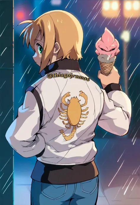 score_9, score_8_up, score_7_up, source_anime, bokunopico, pico, short hair, green eyes, blonde hair, looking back, wearing print jacket, white jacket, from behind, jeans, looking at viewer, on a rainy night on an empty street, Holding a ice cream, Kidbuu, vanilla ice cream shaped, looking at viewer, devil smile, <lora:Majin_buu_pony_XL:0.8>, <lora:boku-no-pico-ponyxl-lora-nochekaiser:1>, <lora:drivejacket-outfit-richy-v1_pdxl:1.2>, <lora:add-detail-xl:0.95>