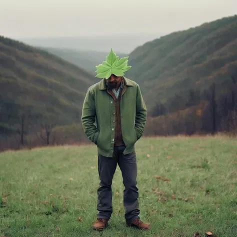 a rugged man, a leaf hat<lora:LeafStyle:1>,standing amidst the vastness of the great outdoors