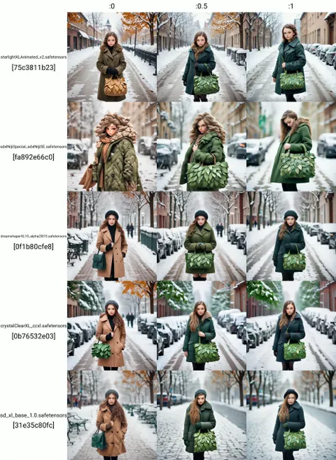 a bag made out of leaves, a girl, a coat, street background, winter, snow, outdoor, <lora:LeafStyle:0>