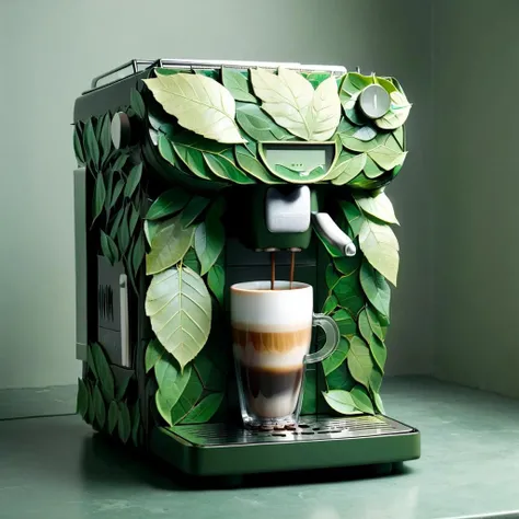 indoor, a coffee machine made out of leaves, <lora:LeafStyle:1>