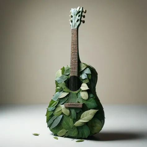 indoor, a wooden table, a guitar made out of leaves, <lora:LeafStyle:1>