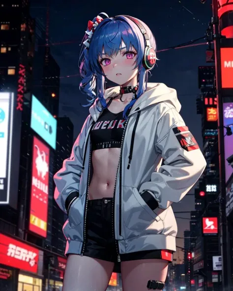 stlouis, side ponytail, 1girl,solo,(flat chest),hoodie, <lora:RedKimonoStLouisV1:1>,cowboy shot,headphones around neck,(hand in pocket),outdoors,cyberpunk, digital rain, digital dissolve, bare_legs,building,full moon, neon lights, ray_tracing,masterpiece,highly detailed,