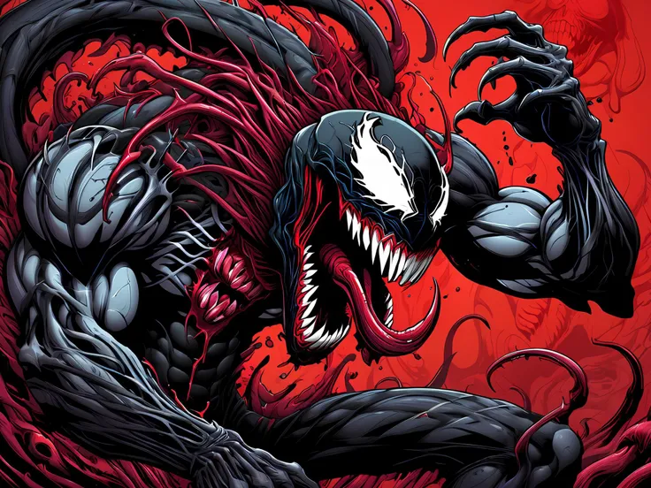 (masterpiece:1.2), (best quality:1.2), (extremely detailed:1.2), poster art, venom \(marvel\ in black and red with a red background, ( ( ( ( ( dan mumford ) ) ) ) ), trending on dribbble.com mascot, vore art, blood drenched, by Jerry Wilkerson, muscles, alex pardee, leaks, insanely super detailed, has black spider legs, black webbing in background, <lora:brho:0.4> brho,