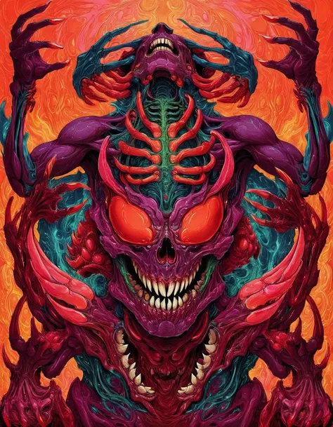<lora:brho:0.6>brho, creatures, semi-symmetrical, sharp teeth, claws, rib cage, multiple arms, smoke design, alien, looking at viewer, looking up, vibrant colors