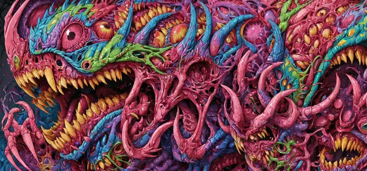 <lora:brho:0.6>brho, hyperbeast, sharp teeth, eyes, claws, mouths, goo splatter, highly intricate details, painted on the back of a nude woman