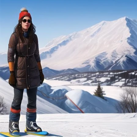 Masterpiece, highest Quality, Highest Resolution, ultrarealistic, 1girl, solo, long hair, brown hair, brown eyes, jewelry, necklace, lips, tattoo, medium breasts, wearing coat, winter, snowboarding down mountain, zoomed out, snowy mountain, fully body, on snowboard, sun glasses, beanie, standing on snowboard, gloves,