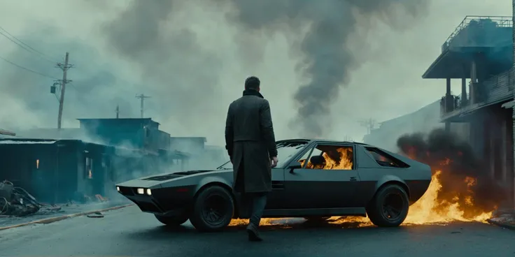 Dark Fantasy Art of  <lora:Blade Runner Style:1>
wide, ARRIRAW 4K Cinematic Arri Alexa Mini, Zeiss Master Prime Lenses, Panavision, Film Stock Footage of a man walking away from a burning house to a futuristic car Blade Runner style, dark, moody, dark fantasy style