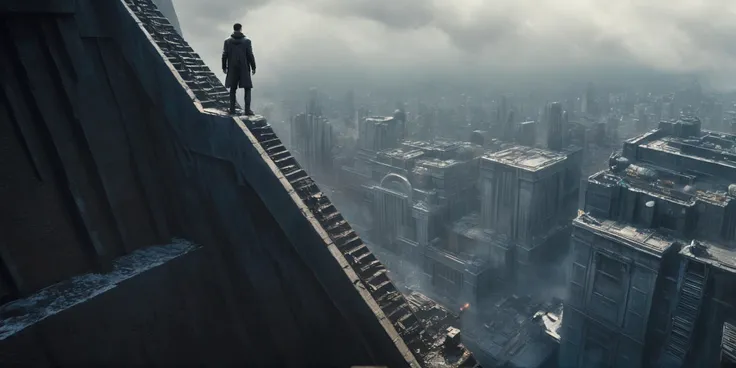 Dark Fantasy Art of  <lora:Blade Runner Style:1>
High angle from above Cinematic Hyperrealistic Artstation Artwork of a man hanging over a ledge of a tall building to the left Blade Runner style, dark, moody, dark fantasy style