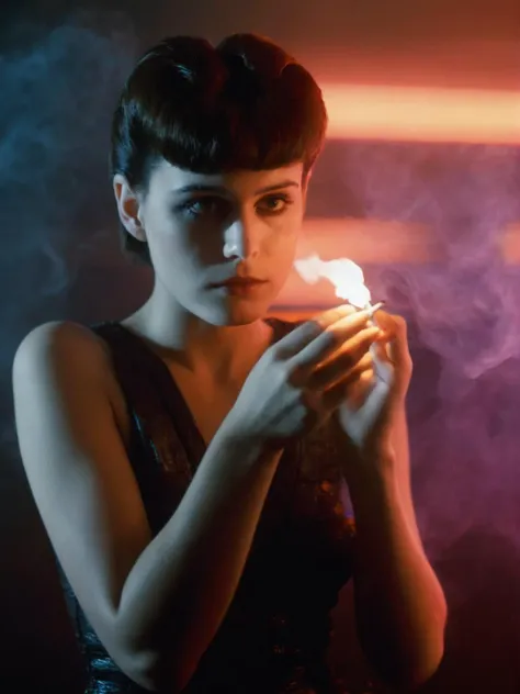 cinematic film still of rachael looking at the camera, holding cigarette, dark room, blade runner style, sunset, volumetric lighting (smoke:1.3)
<lora:Blade Runner Style:1.2>