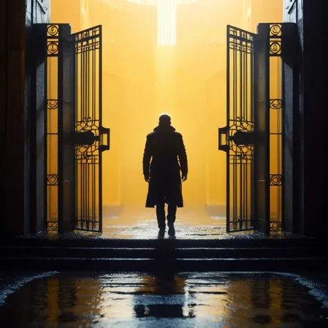 cinematic film still of <lora:Blade Runner Style:1>
A wide angle ultra wide view of a Cinematic Hyperrealistic Artstation Artwork of a silhouette person standing in the middle of a wet ground with stairs and very big opened door gate with yellow orange background behind Blade Runner style, shallow depth of field, vignette, highly detailed, high budget, bokeh, cinemascope, moody, epic, gorgeous, film grain, grainy